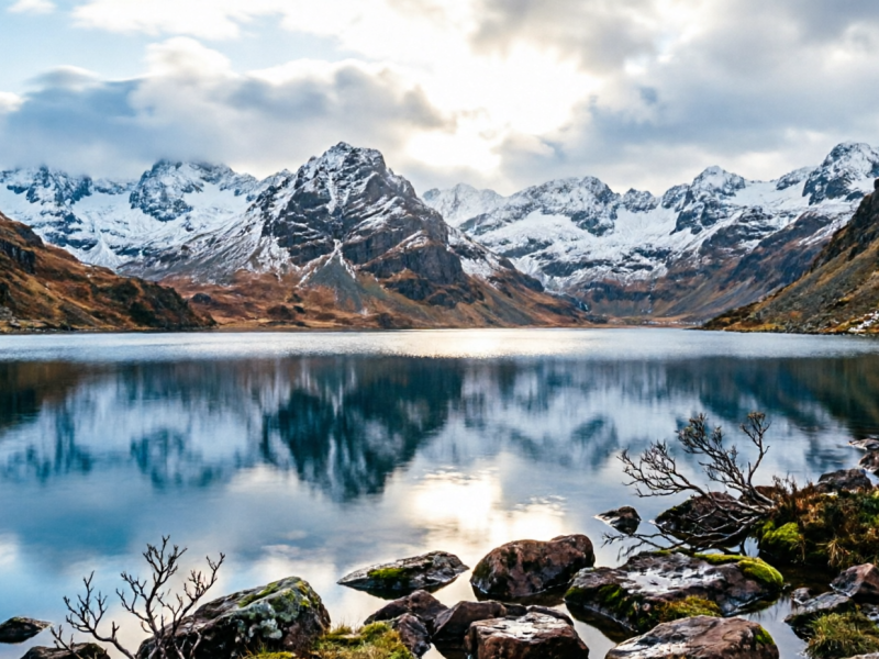 Snowy mountains reflected in a calm alpine lake, with rocky shore in foreground.